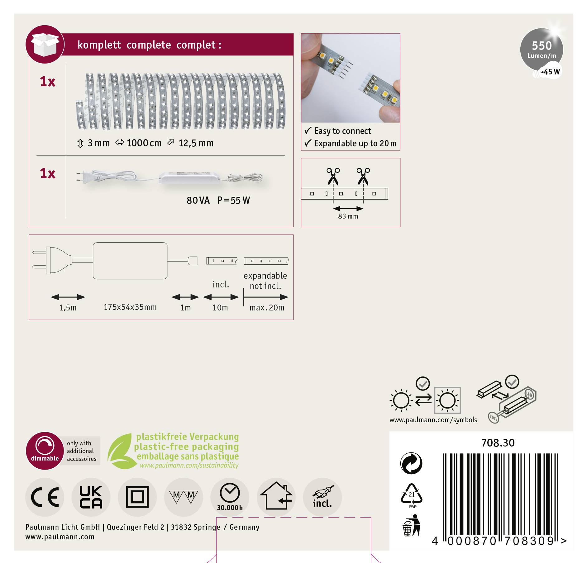 Diagram LED pásu: zahŕňa LED pásik (300 cm), pripájacie káble (5 cm) a napájací zdroj. Maximálne roztiahnuteľný až do 20 m, výkon 45 W, 550 lúmenov. Symboly energetickej efektivity viditeľné.