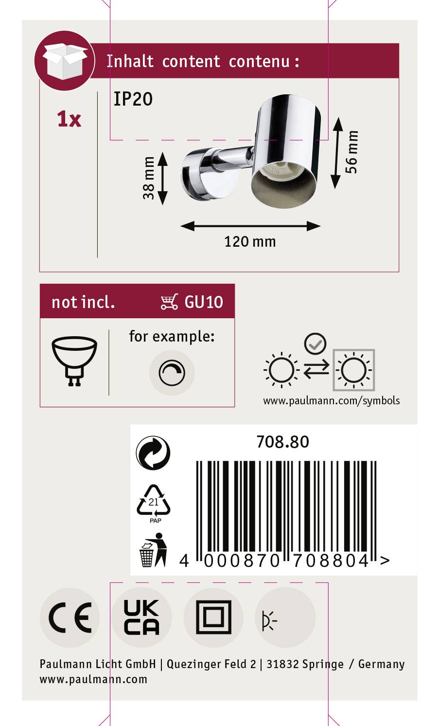 Štítok obalu lampy s krytím IP20, dĺžka 120 mm. GU10 nie je súčasťou balenia. Čiarový kód, symboly a adresa výrobcu dole.