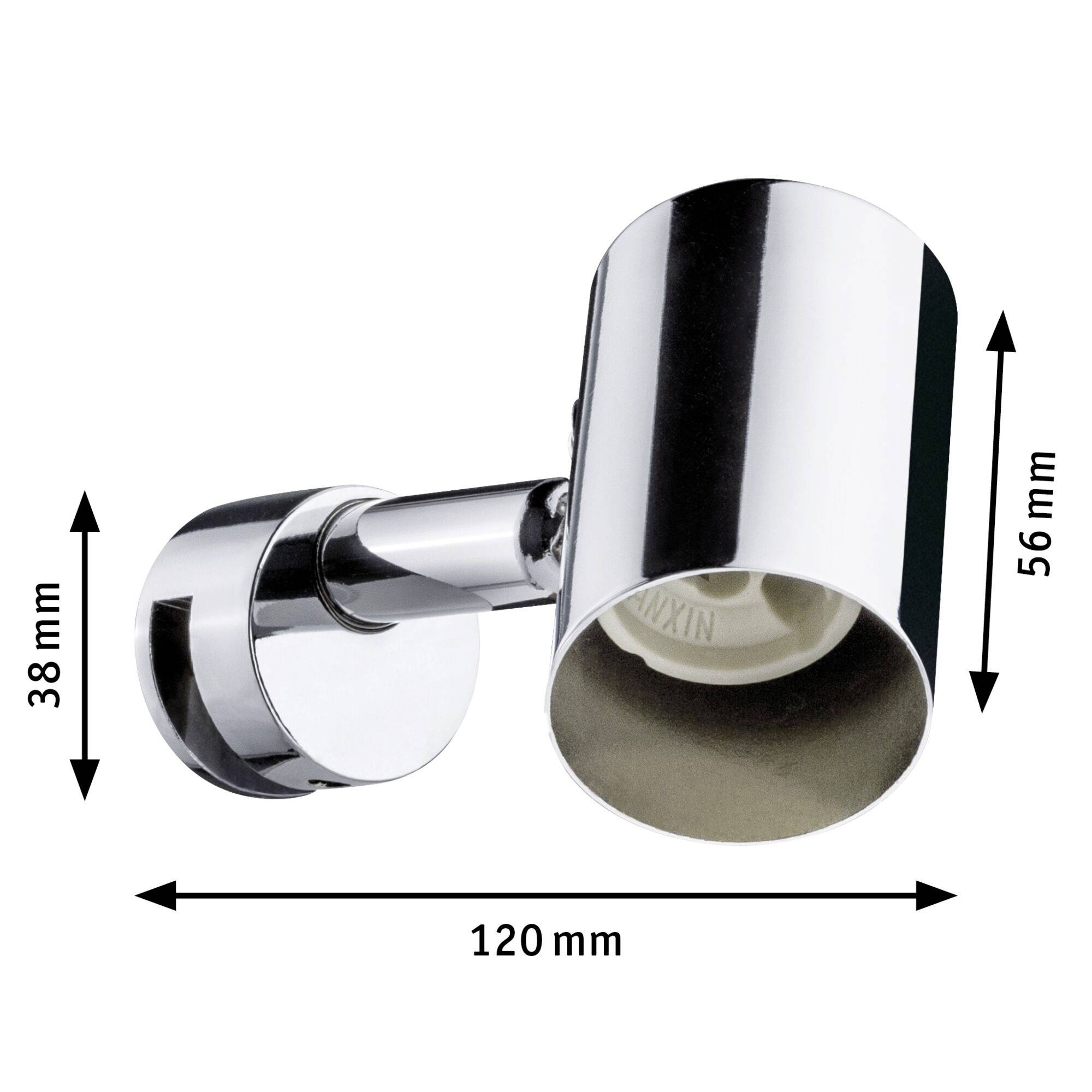 Chrómový valcový žiarič, rozmery: 120 mm dlhý, 56 mm vysoký, 38 mm široký, so šípkami na označenie veľkosti.
