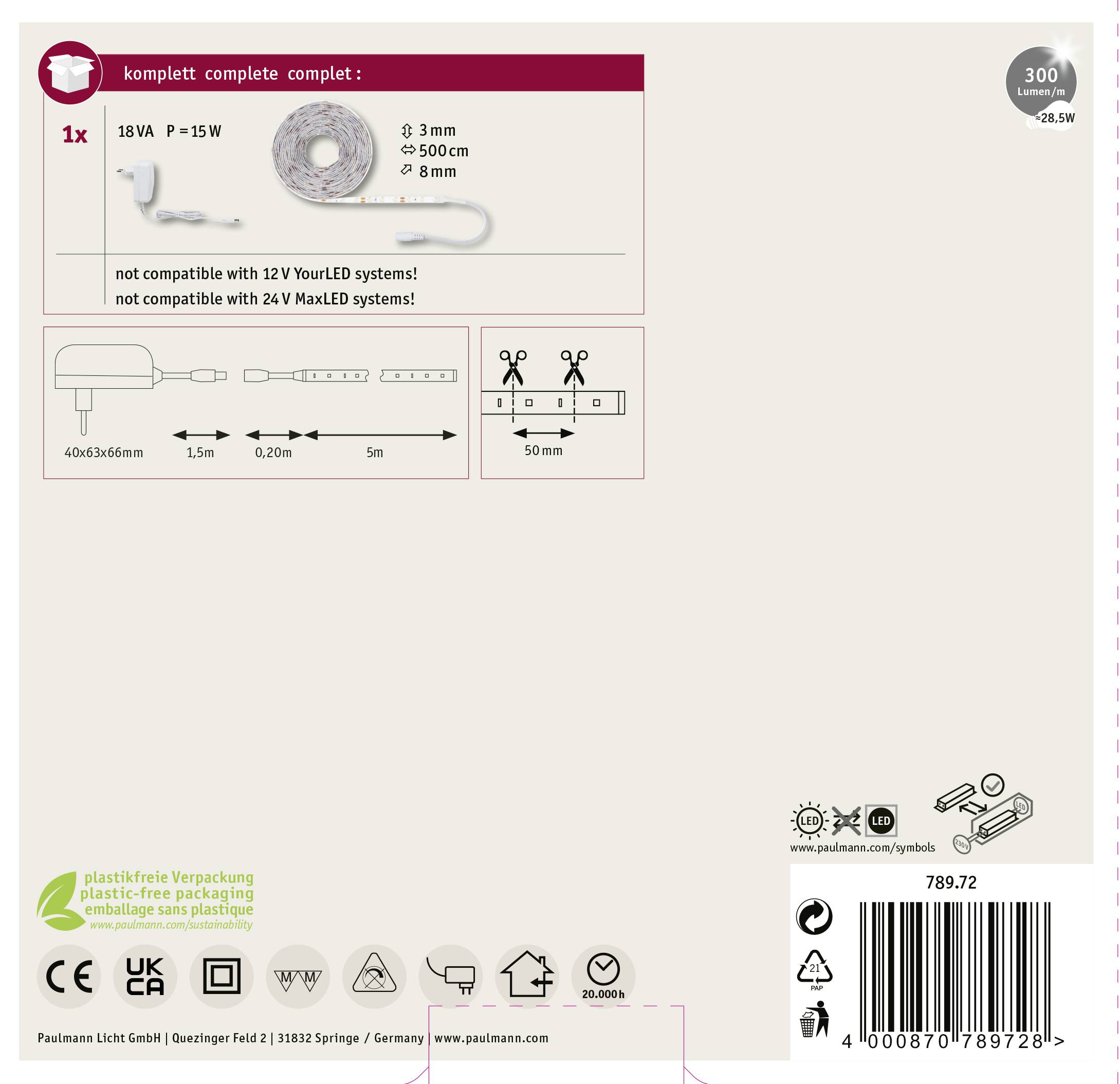 Balenie LED svetelnej lišty. Obsahuje detaily o dĺžke (3m) a výkone (18W). Nie je kompatibilné s niektorými osvetľovacími systémami.