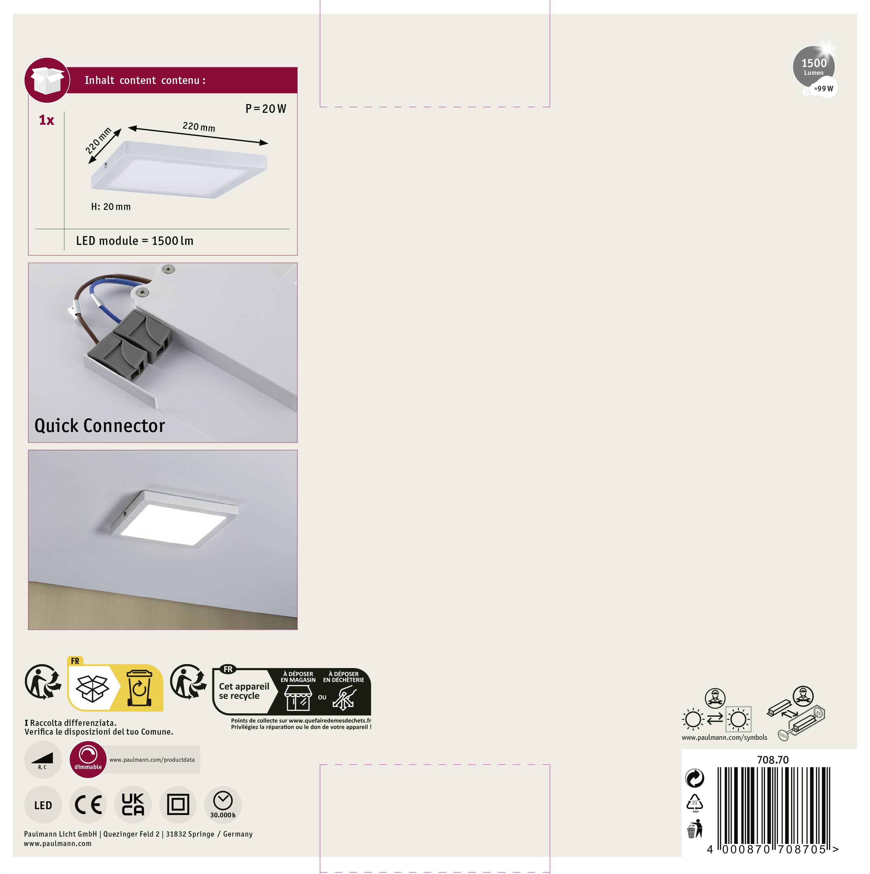 Obdĺžnikové LED stropné svietidlo s rýchlym konektorom, rozmery 220 mm x 220 mm, 1500 lúmenov, teplé biele svetlo, energetická trieda A.