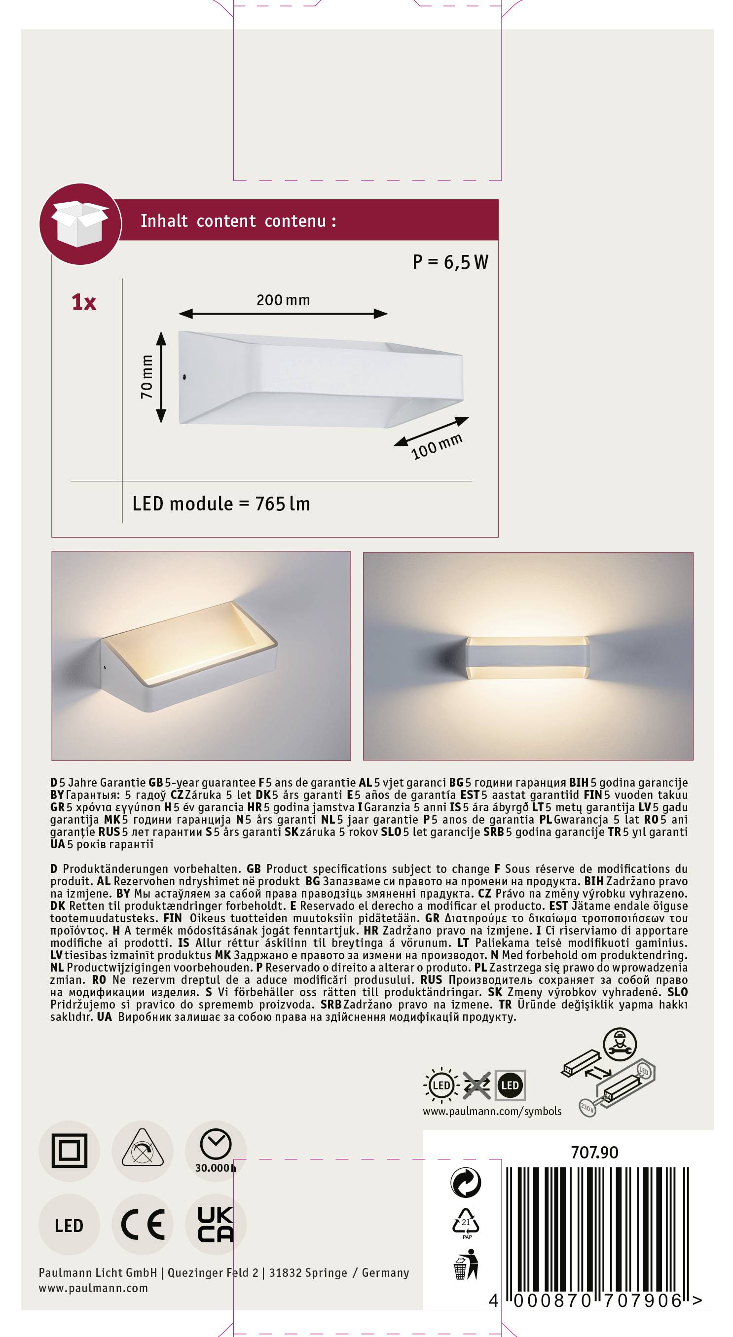 Zadná strana obalu LED svietidla: Rozmery 200 mm x 100 mm, spotreba energie 6,5 W, svietivosť 765 lm, teplé biele svetlo.