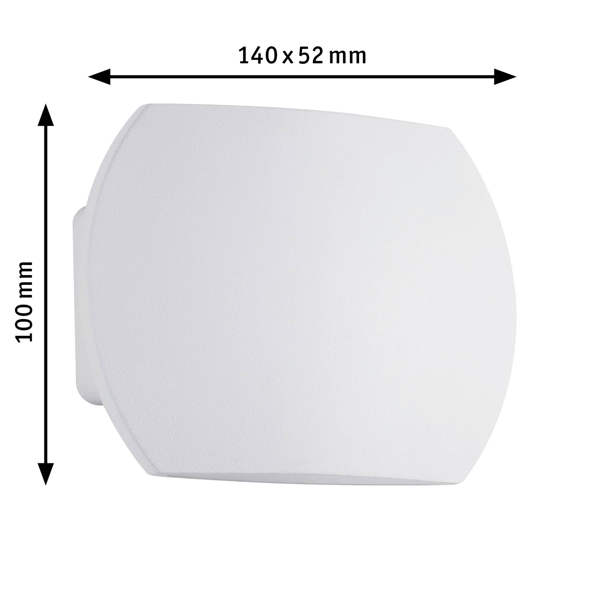 Biela obdĺžniková nástenná lampa s rozmermi 140 x 52 mm v šírke a 100 mm vo výške.