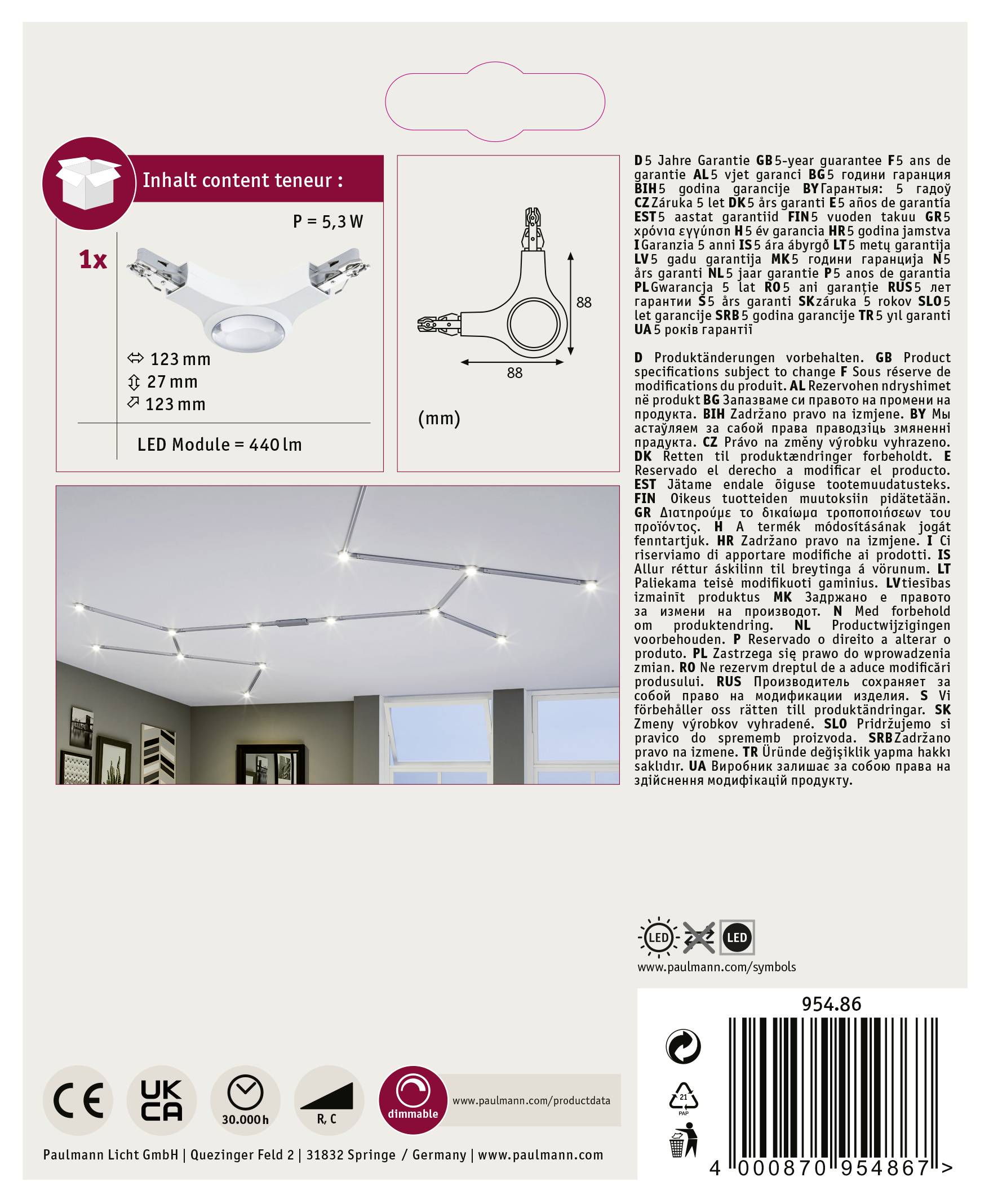 Zadná strana obalu LED modulu. Obsahuje technické detaily ako príkon (5,3W), rozmery (123mm) a svetelný tok LED modulu (440lm). Diagram znázorňuje inštalačné rozmery.