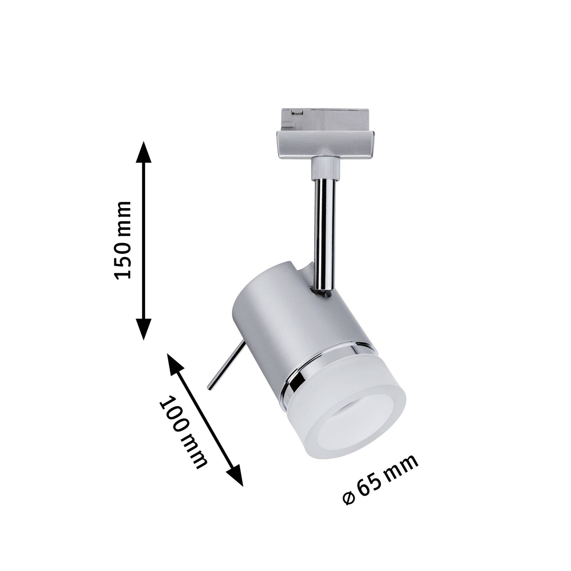 Stropné bodové svietidlo s valcovitým, strieborným krytom a nastaviteľnou hlavou, výška 150 mm, priemer 65 mm, hlava 100 mm.