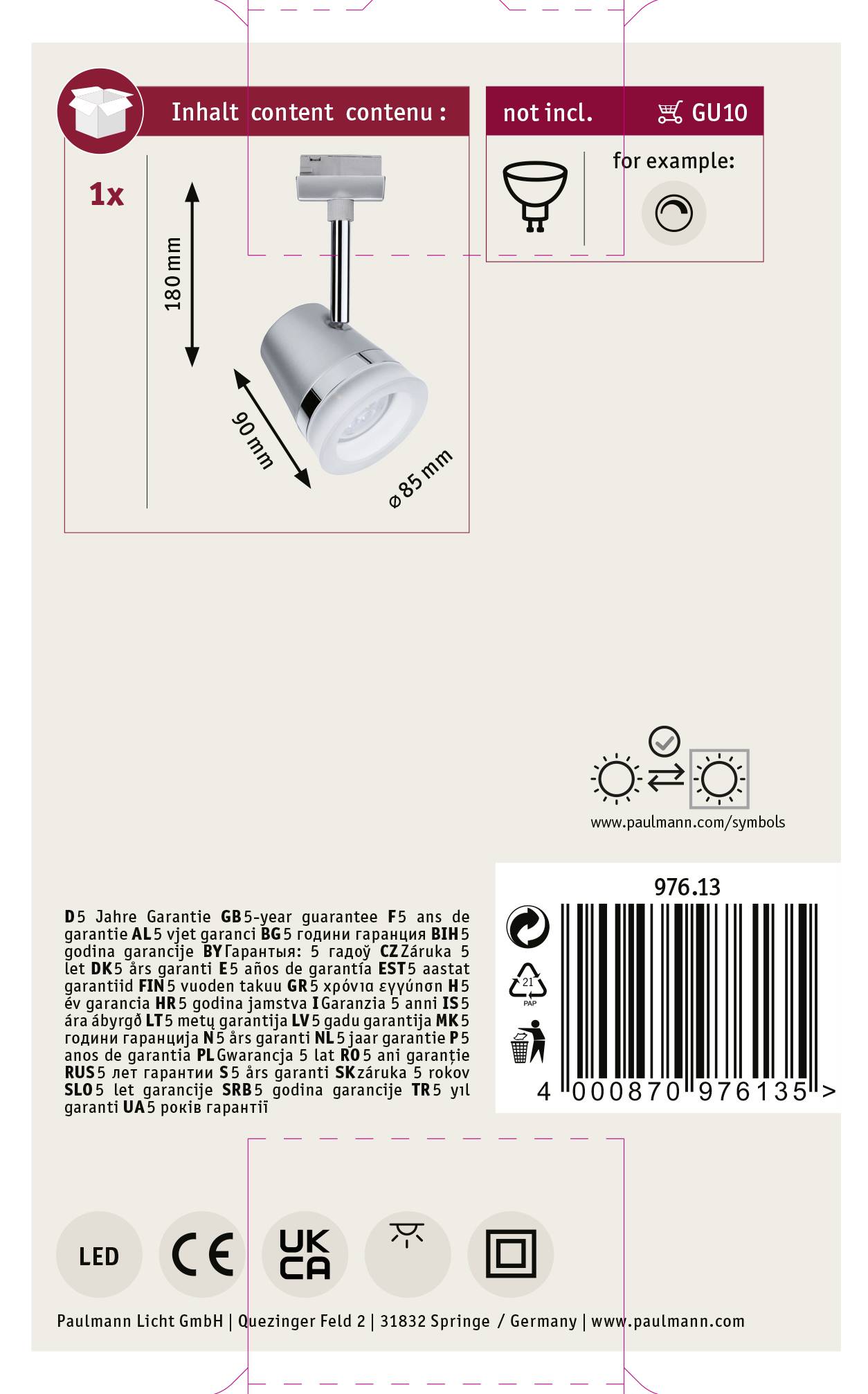 Produktový obal pre LED bodové svetlo. Obsahuje informácie o záruke, chýbajúcej žiarovke GU10 a technické detaily.