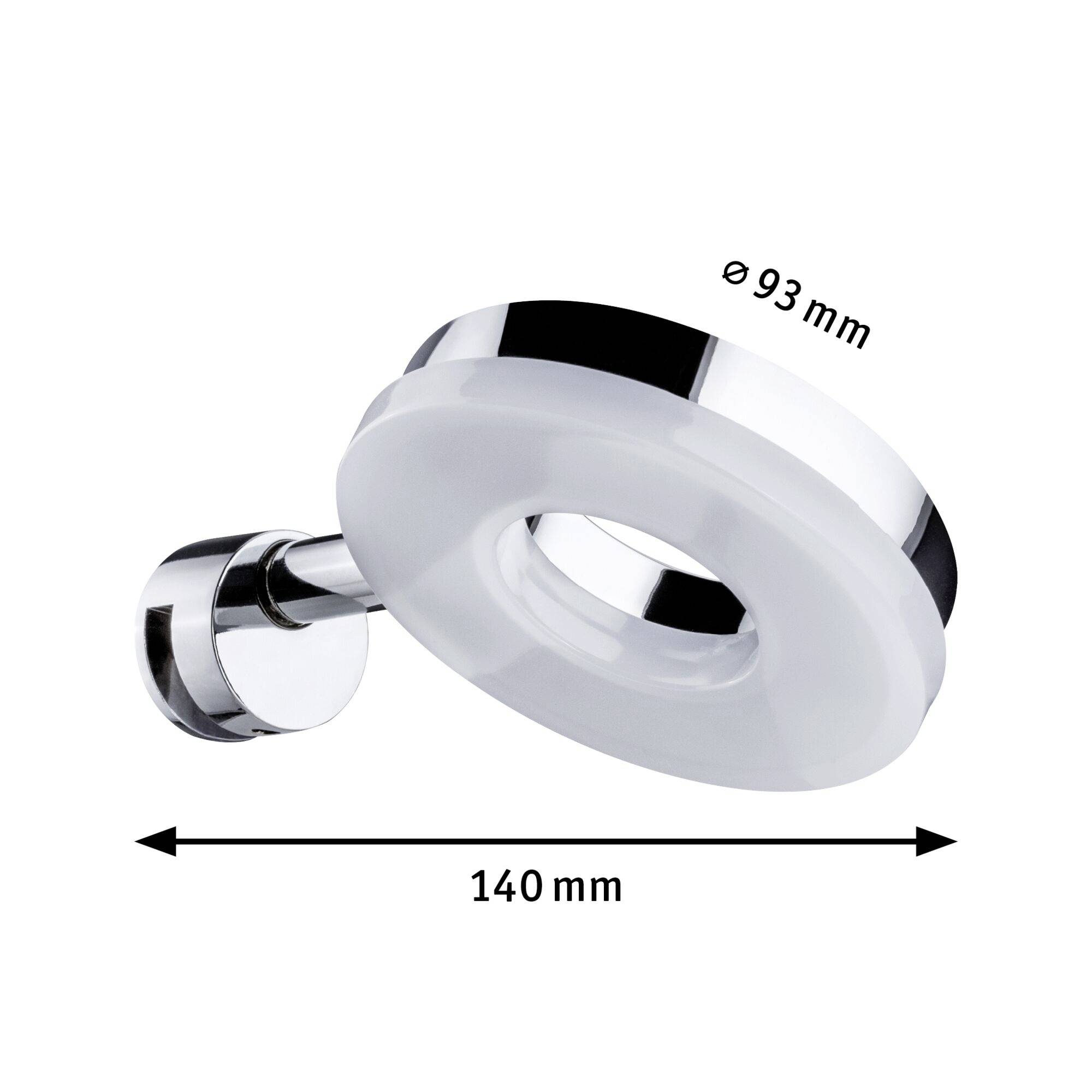 Okrúhle, pochromované nástenné svetlo s priemerom 93 mm a dĺžkou 140 mm.