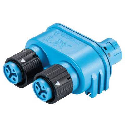 Modrý elektrický prepojovací adaptér s dvoma čiernymi konektormi, používaný na prepájanie káblov v technických zariadeniach.