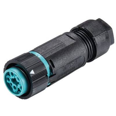 Guľatý elektrický konektor s čiernym a tyrkysovým krytom, vhodný pre priemyselné aplikácie, robustný a vodotesný.