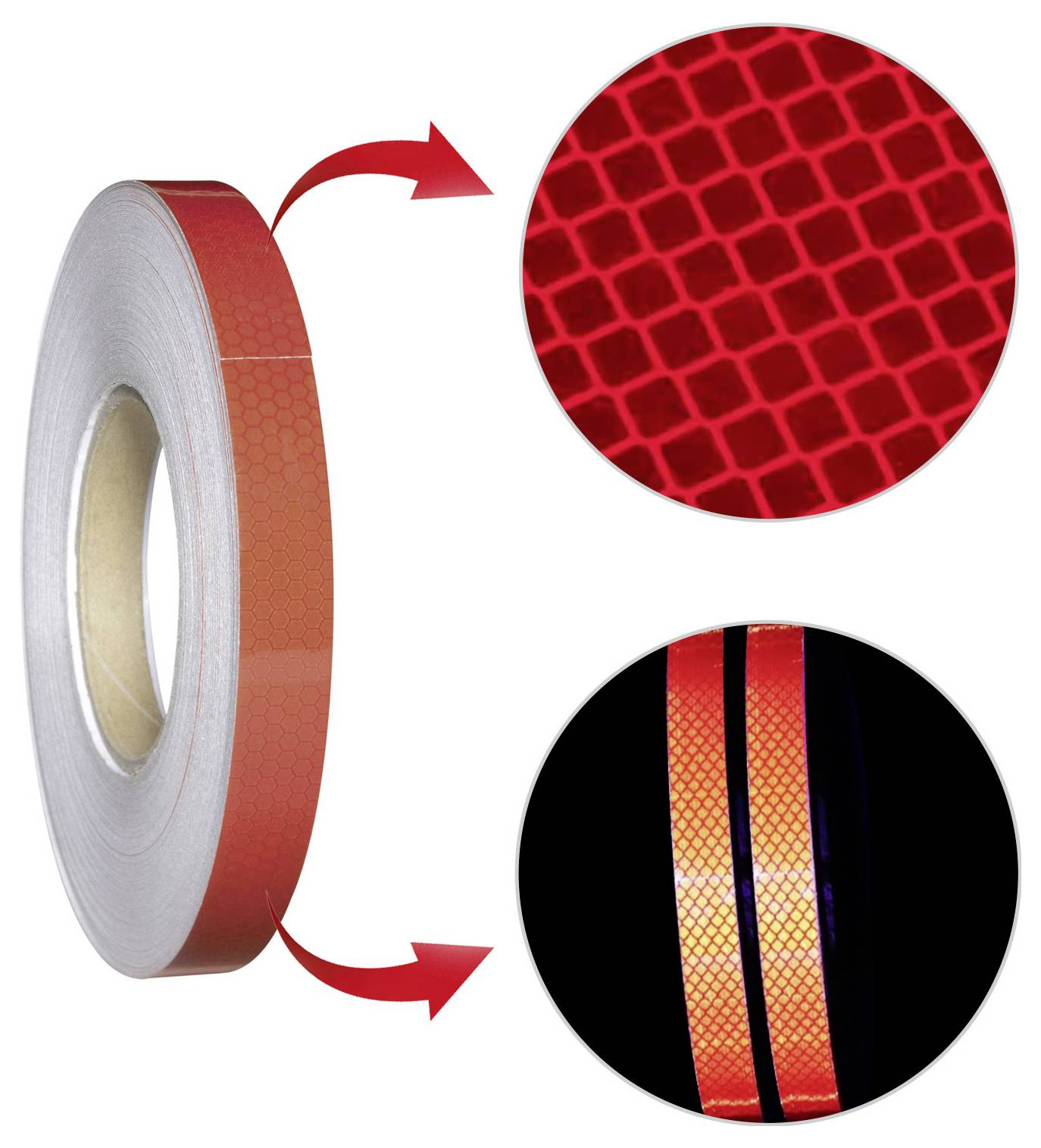 Rolka červenej reflexnej pásky s zväčšenými pohľadmi zobrazujúcimi bezpečnostný vzor vo fáze a reflexný pás na tmavom povrchu.