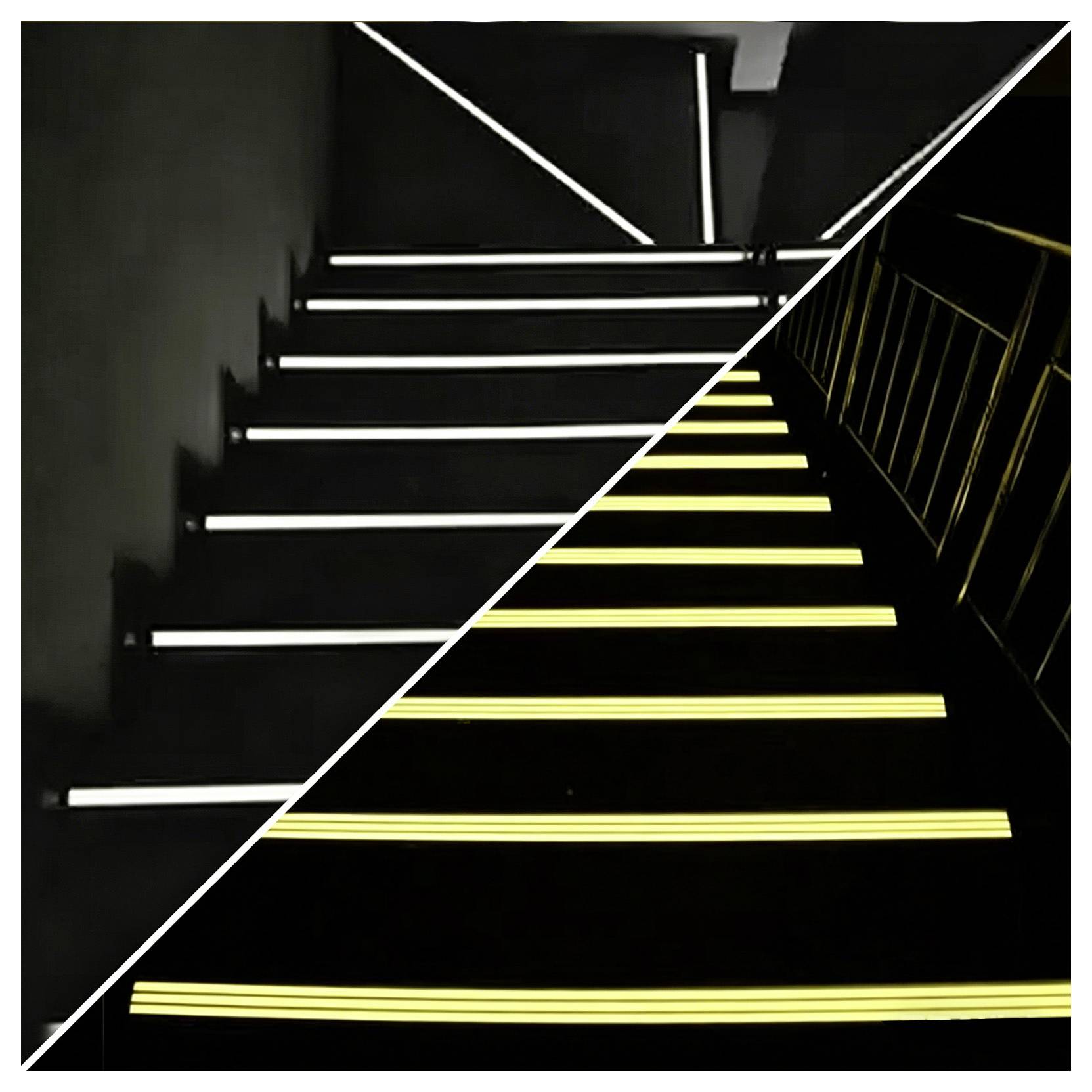Diagonálne rozdelený obrázok tmavého schodiska, porovnávajúci biele svetlá schodov na ľavej strane a žlté svetlá schodov na pravej strane, s zábradlím na pravej strane.