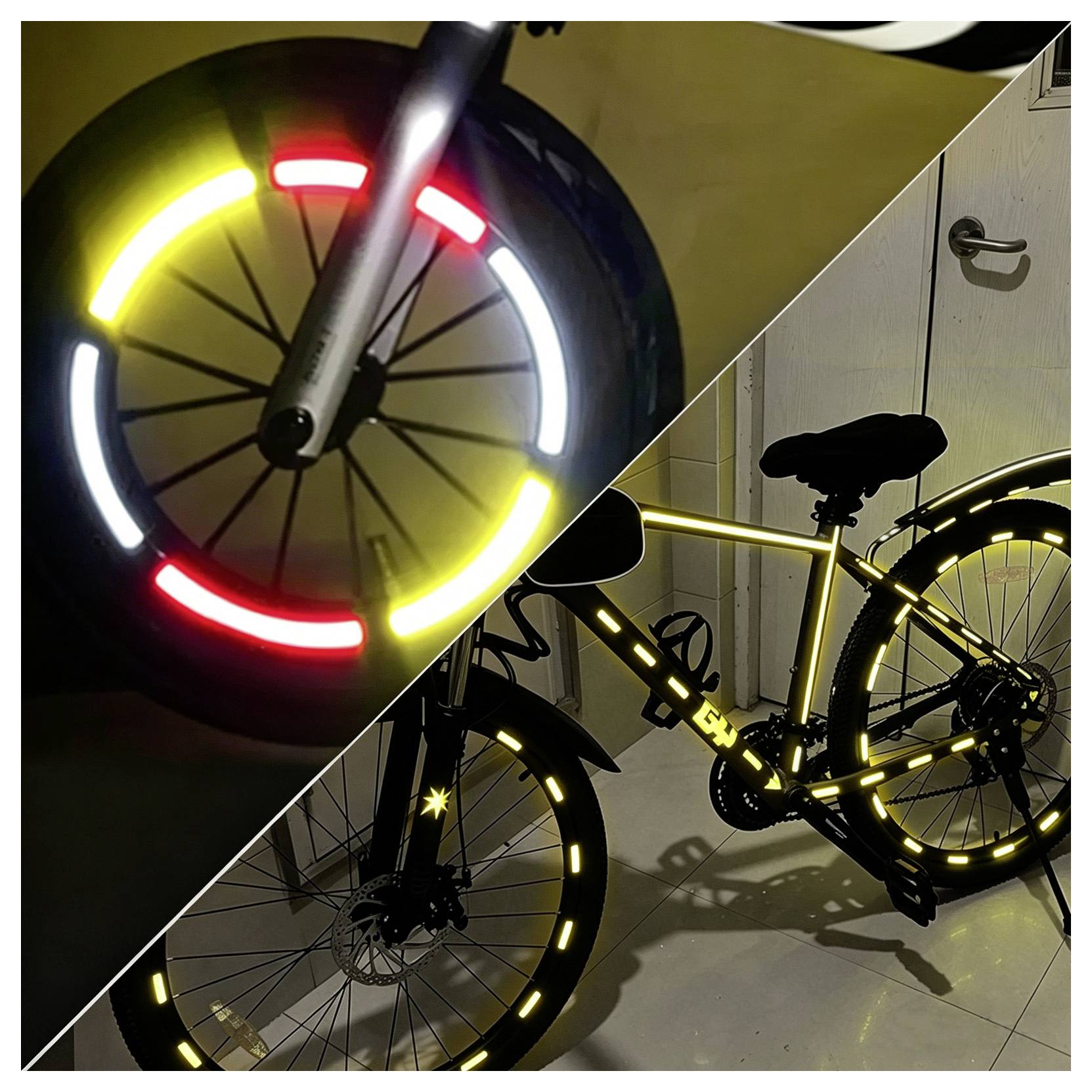 Koláž zobrazujúca bicykel s osvetlenými obodmi kolies a svetlami na ráme v noci, ktorá zdôrazňuje jeho viditeľnosť a reflexný dizajn.