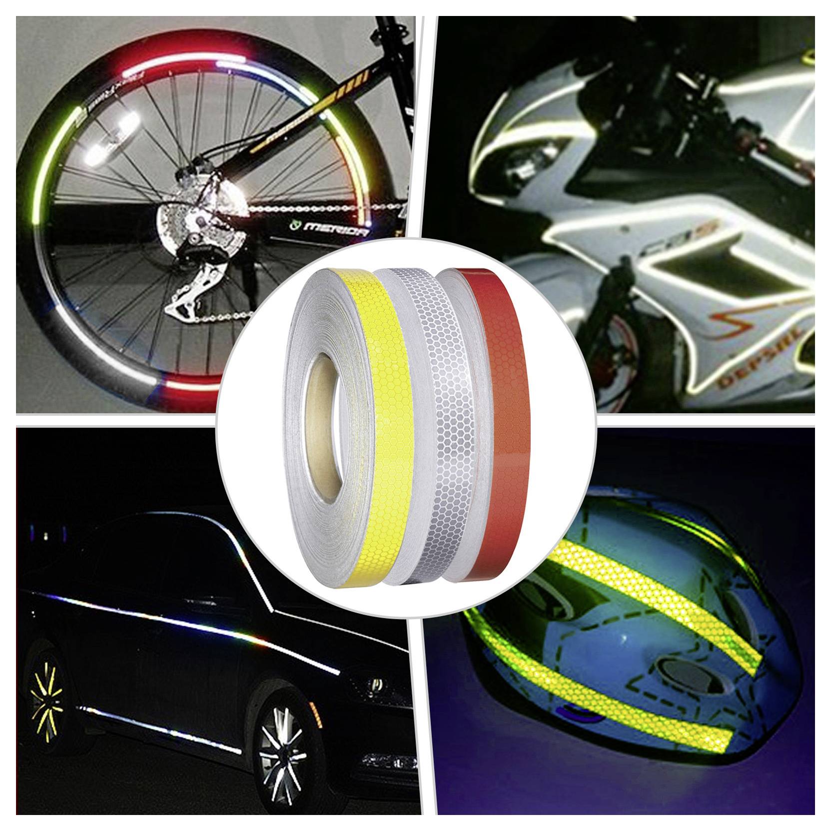 Valec reflexnej bezpečnostnej pásky zobrazený s príkladmi na bicyklových kolesách, motorke a automobiloch, zdôrazňujúci viditeľnosť markácie v tme.