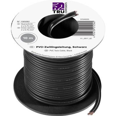 Čierne PVC twinové vedenie, 10 m dlhé, prierez 2 x 0,75 mm². Kábel na cievke s voľne prístupnými medenými vodičmi na konci.