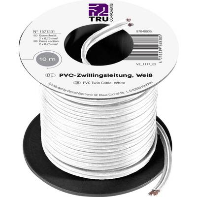Špula s 10 m bielym PVC dvojitým káblom, detaily produktu a označenia na etikete.