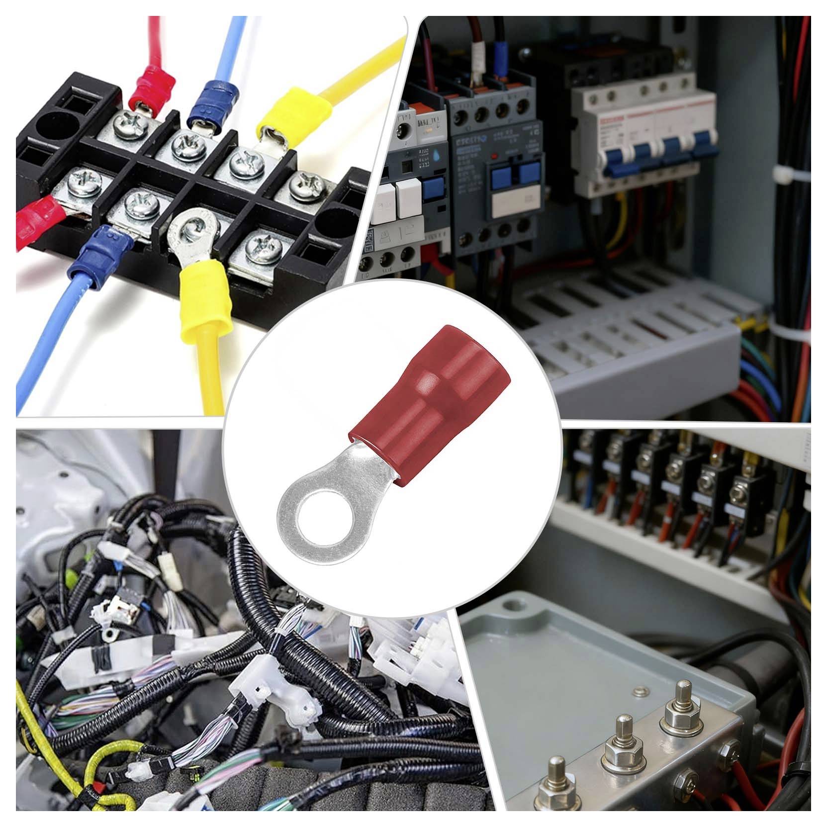 Koláž elektrických vedení a ovládacích panelov so zvýrazneným červeným izolovaným krúžkovým konektorom v strede.