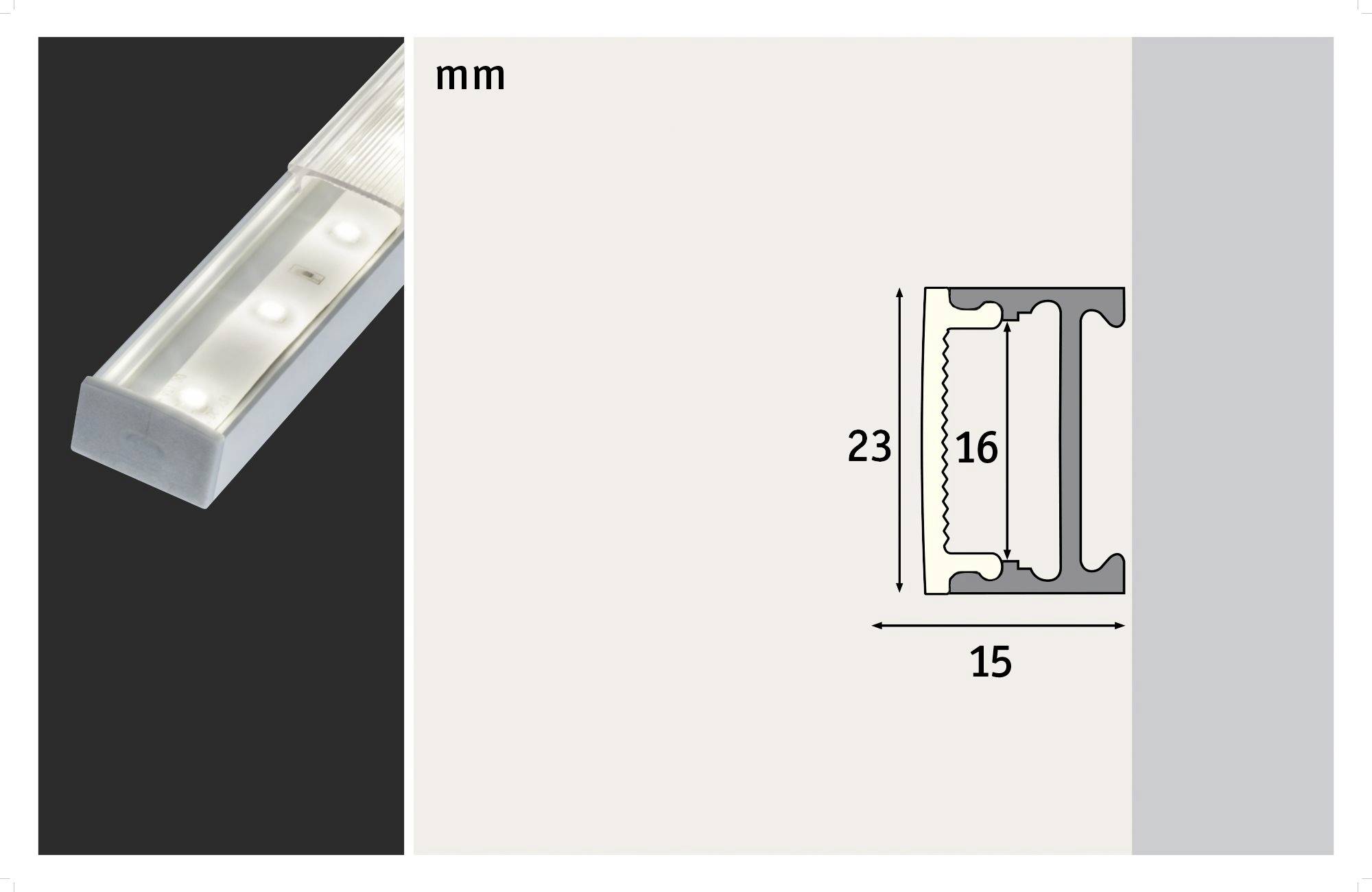 LED profil je zobrazený vľavo, vedľa neho je technický diagram s rozmermi: 23 mm vysoký, 15 mm široký, 16 mm vnútorný.