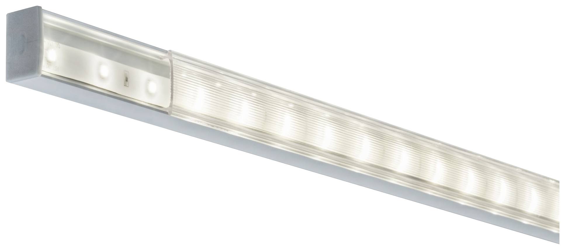 LED-svietidlo v podlhovastom tvare, striebornej farby, s rovnomerným rozptylom svetla. Vhodné do moderných interiérov.