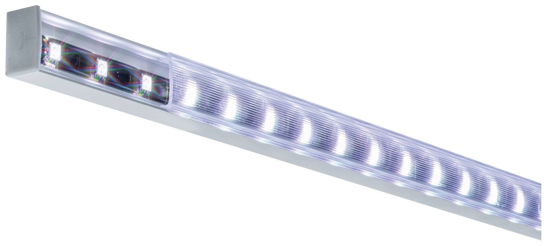 Úzke LED svietidlo s priehľadným krytom a viacerými jednotlivými svetelnými bodmi, vhodné pre rovnomerné osvetlenie.