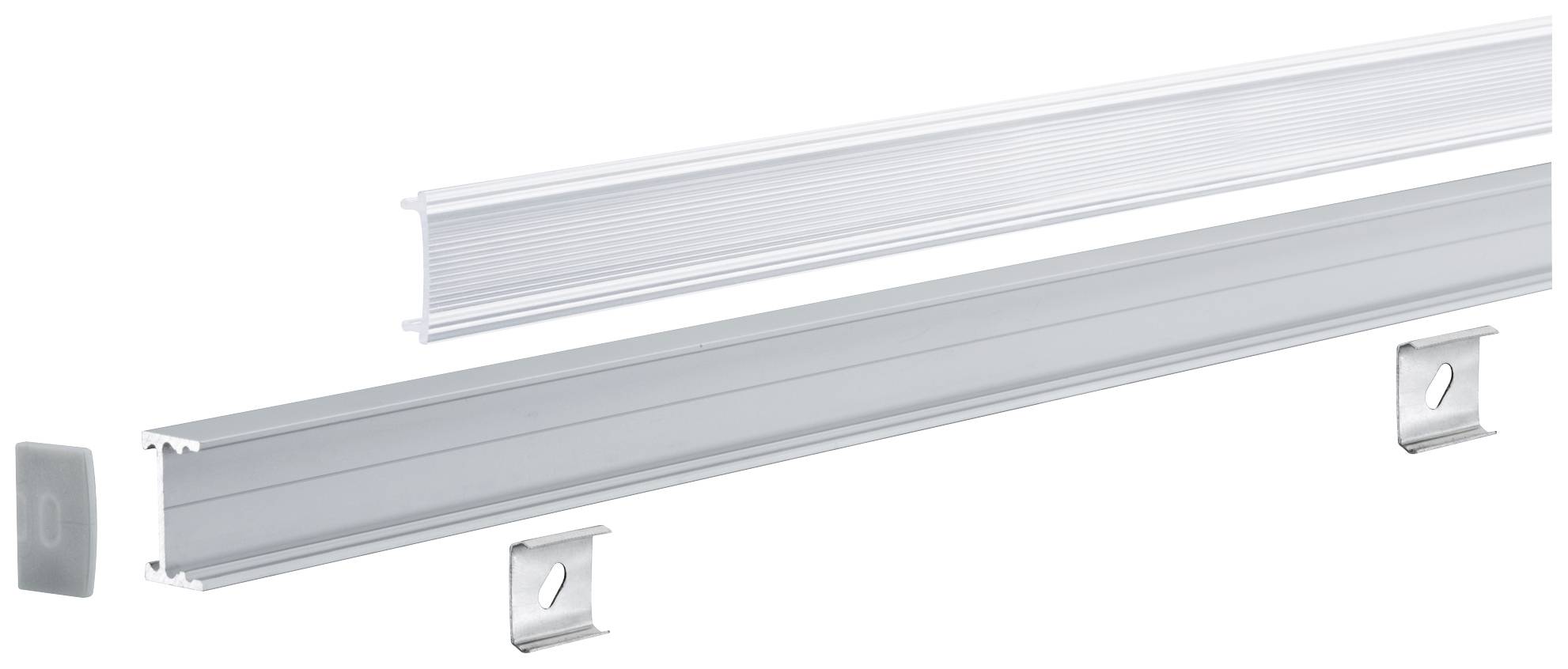 Strieborný hliníkový kanál s krytom a držiakmi na upevnenie, pravdepodobne určený na montáž LED pásikov.