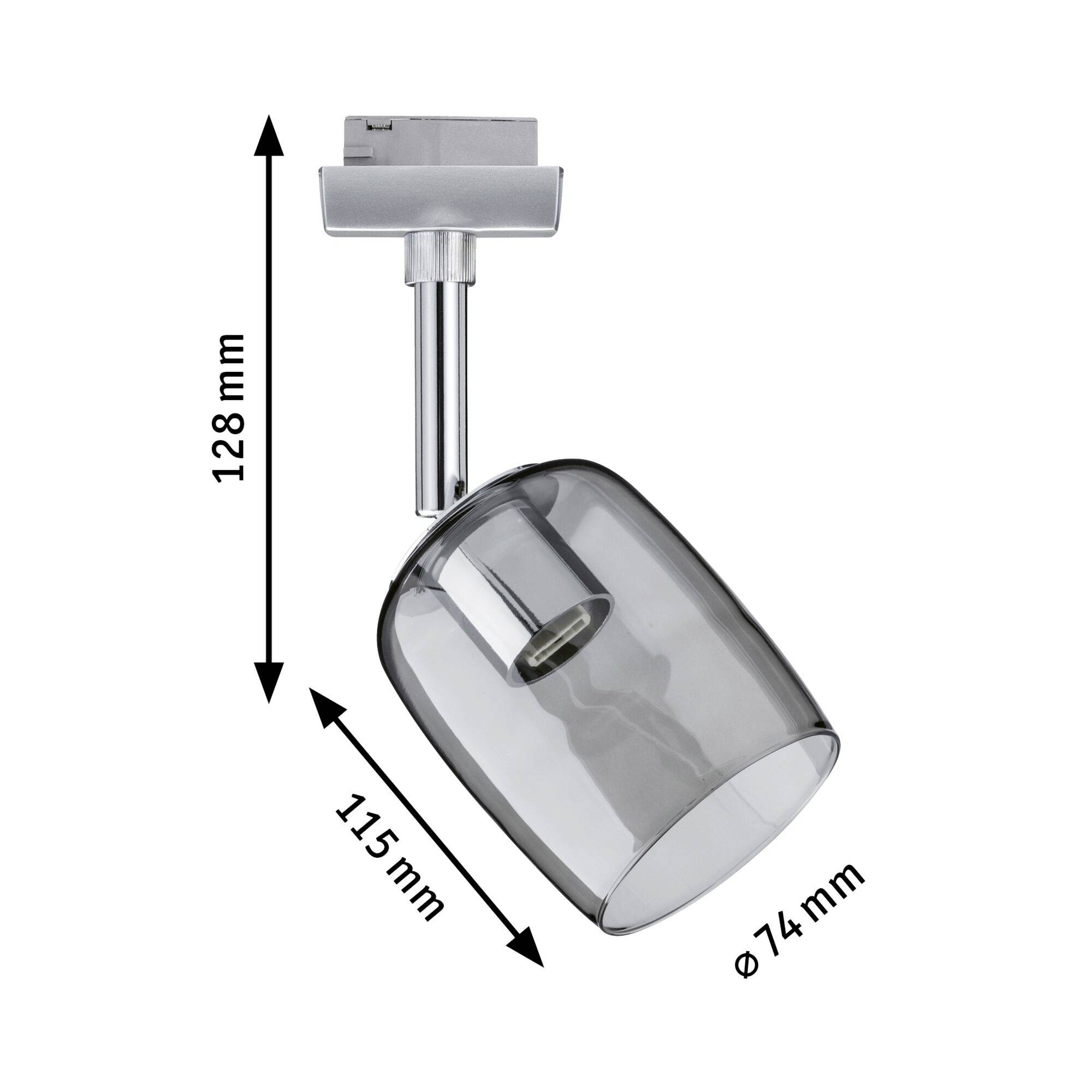 Stropný reflektor v metalicko-sivej farbe s priemerom 74 mm a dĺžkou 115 mm. Celková výška: 128 mm.