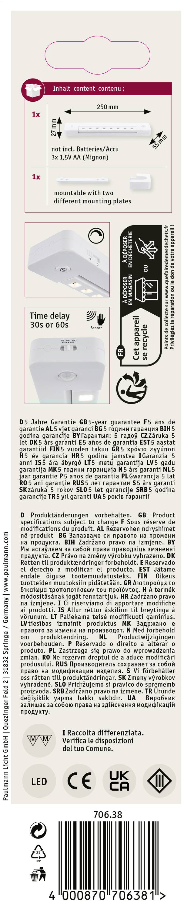 Zadná strana obalu pre LED bezpečnostnú lampu. Zobrazuje inštalačné kroky a technické informácie ako napätie a energetickú účinnosť.