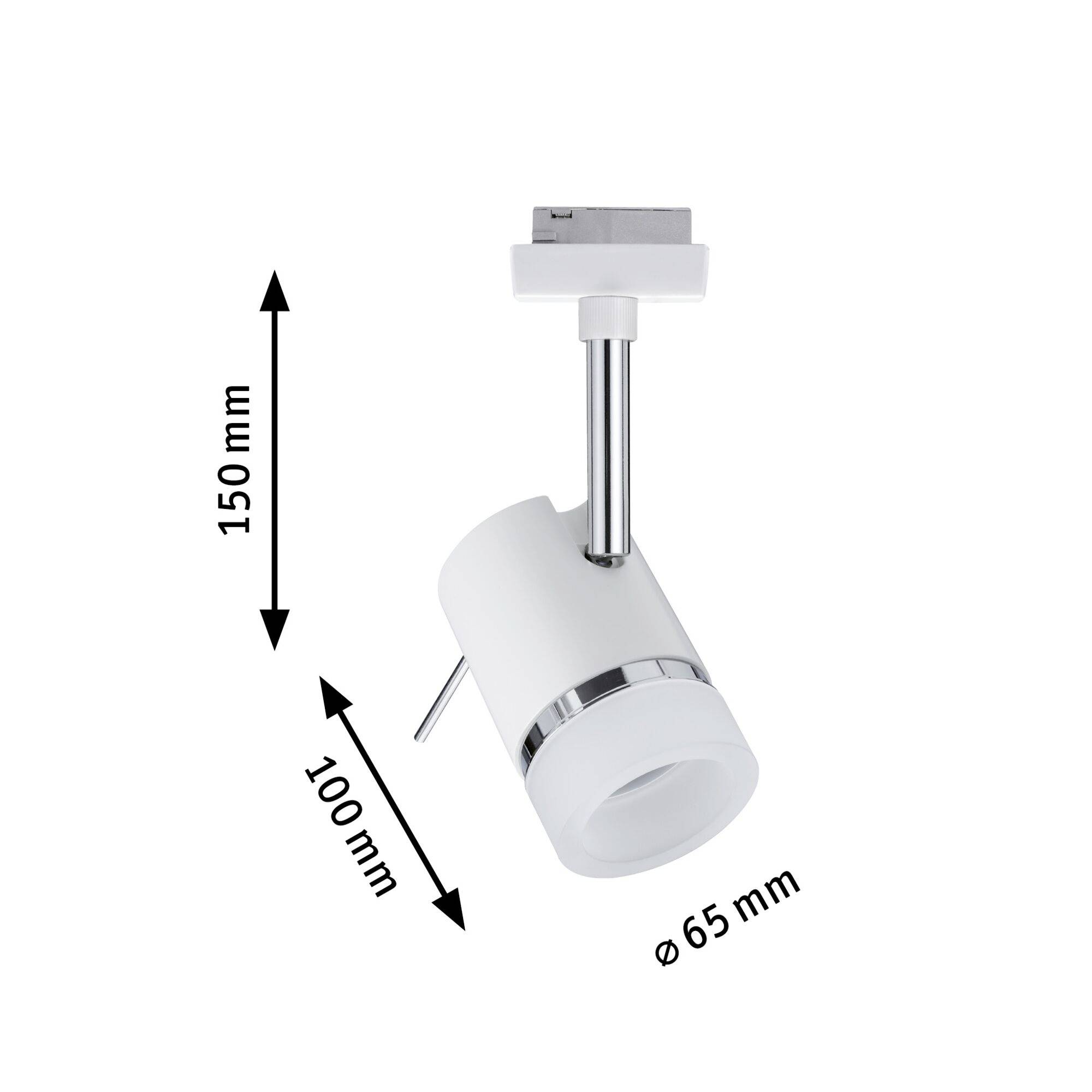 Biela cylindrická lampa s nastaviteľným držiakom. Rozmery: výška 150 mm, priemer lampy 65 mm, držiak 100 mm.