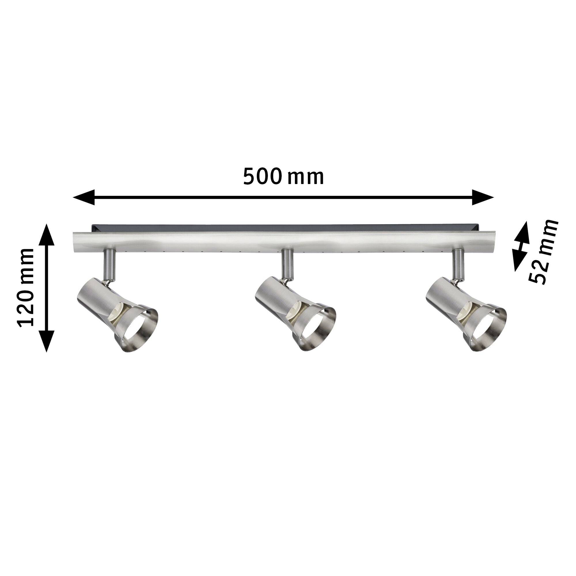 Trojitý LED reflektor v niklovo striebornej farbe, dĺžka 500 mm, s presne definovanými rozmermi výšky a šírky. Vhodný pre cielenú priestorovú ilumináciu.