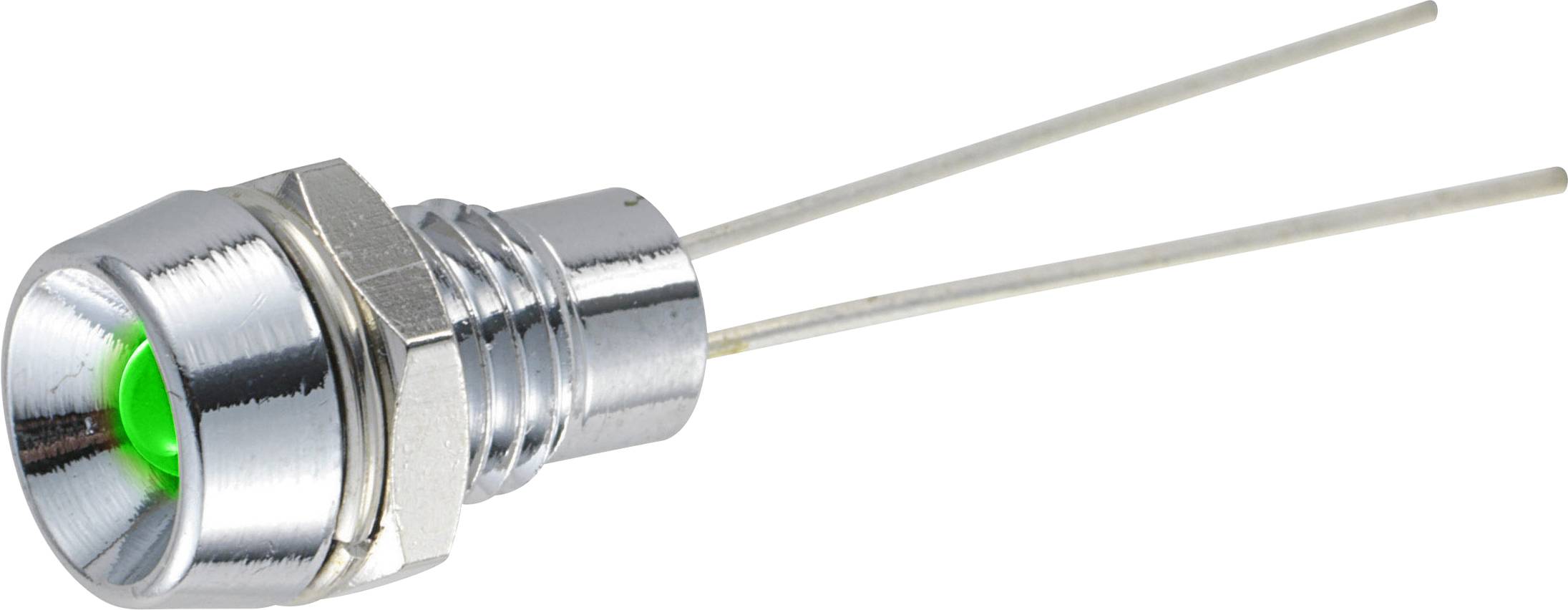 Zelená LED s dvoma dlhými kovovými vývodmi. LED je namontovaná v kovovom puzdre.