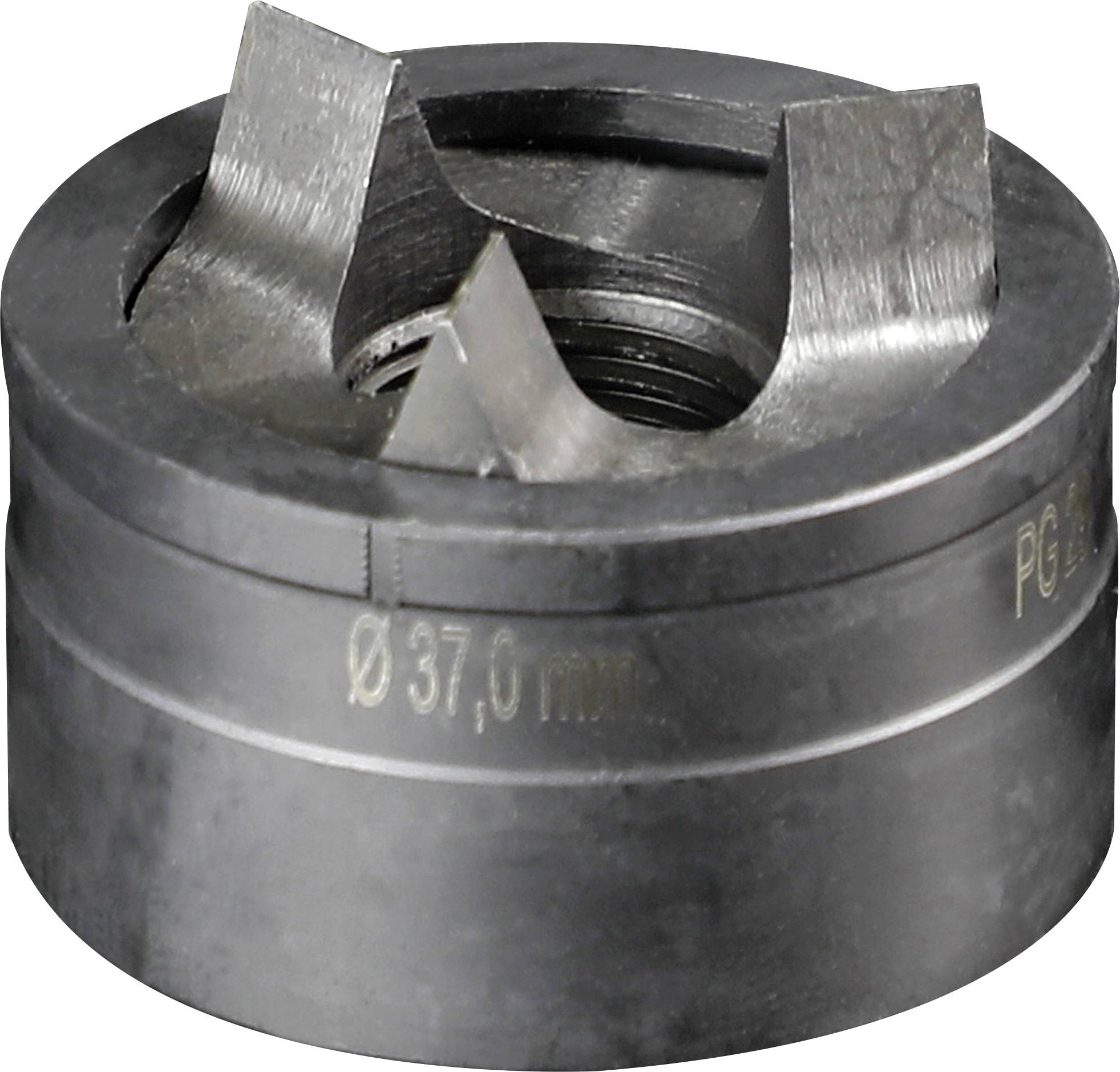 Guľatý, kovový rezný nástroj s ostrými čepeľami, Ø 37,0 mm vygravírované. Používa sa na presné vŕtanie alebo rezanie.