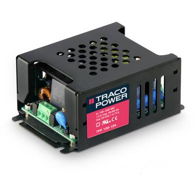 'TRACO POWER' napájací zdroj v čiernom kryte, model TPP 100-124. Viditeľné sú elektronické komponenty a vetracie otvory.