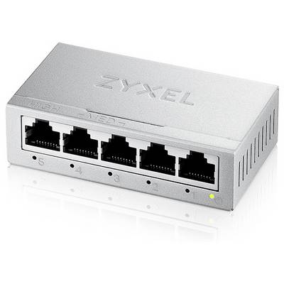 Strieborný sieťový switch s piatimi ethernetovými portami, očíslovanými od jedna do päť. Zelená LED indikácia je aktívna.