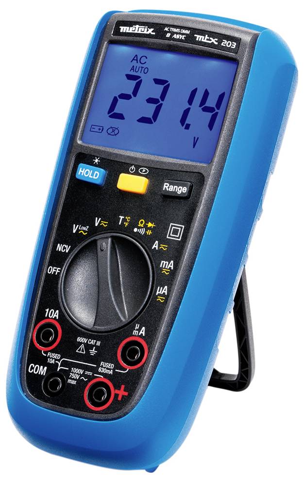 Modré digitálne multimeter s displejom zobrazujúcim '231,4 V'. Viditeľné sú rôzne meracie módy a ovládacie prvky.