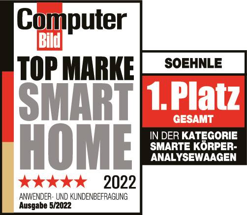 Magazín 'Computer Bild' ocenil Soehnle prvým miestom v kategórii 'Inteligentné váhy na analýzu tela'. Vydanie 5/2022, Top značka Smart Home.