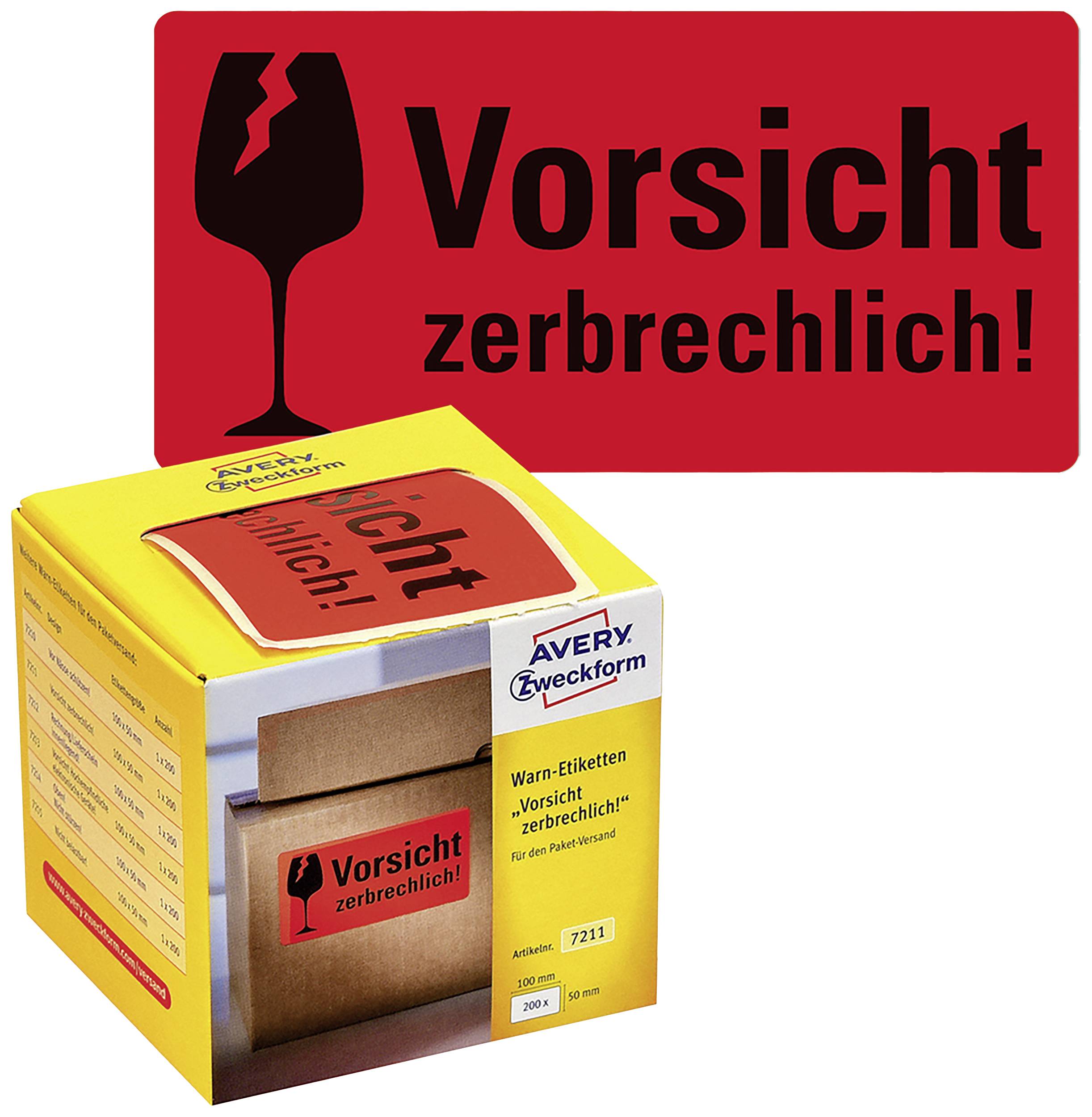 Avery Zweckform 7211 etichette di pericolo, 100 x 50 mm, lindicazione Vorsicht zerbrechlich!, 1 rotolo/200 etichette, Rosso neon