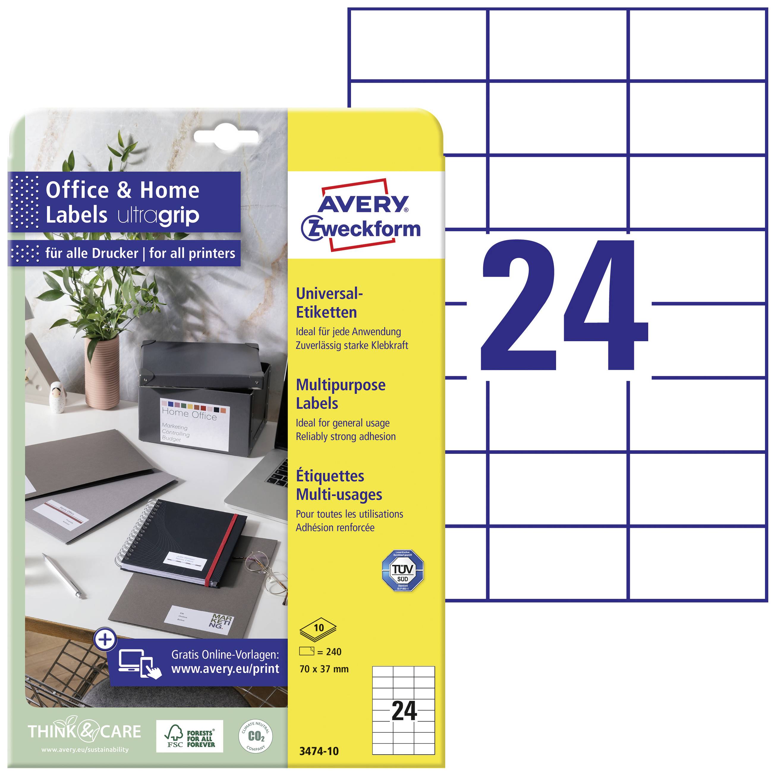 Avery-Zweckform 3474-10 70 x 37 mm papier biela 240 ks trvalé univerzálne etikety atrament, laser, kópie