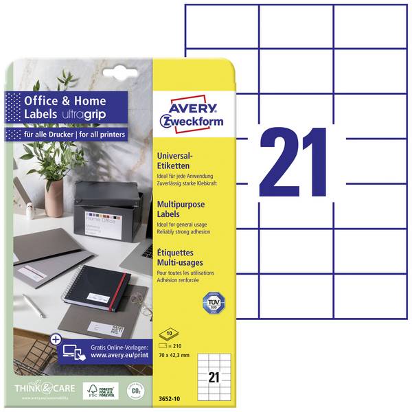 Avery-Zweckform 3652-10  70 x 42.3 mm papier  biela 210 ks trvalé univerzálne etikety atrament, laser, kópie