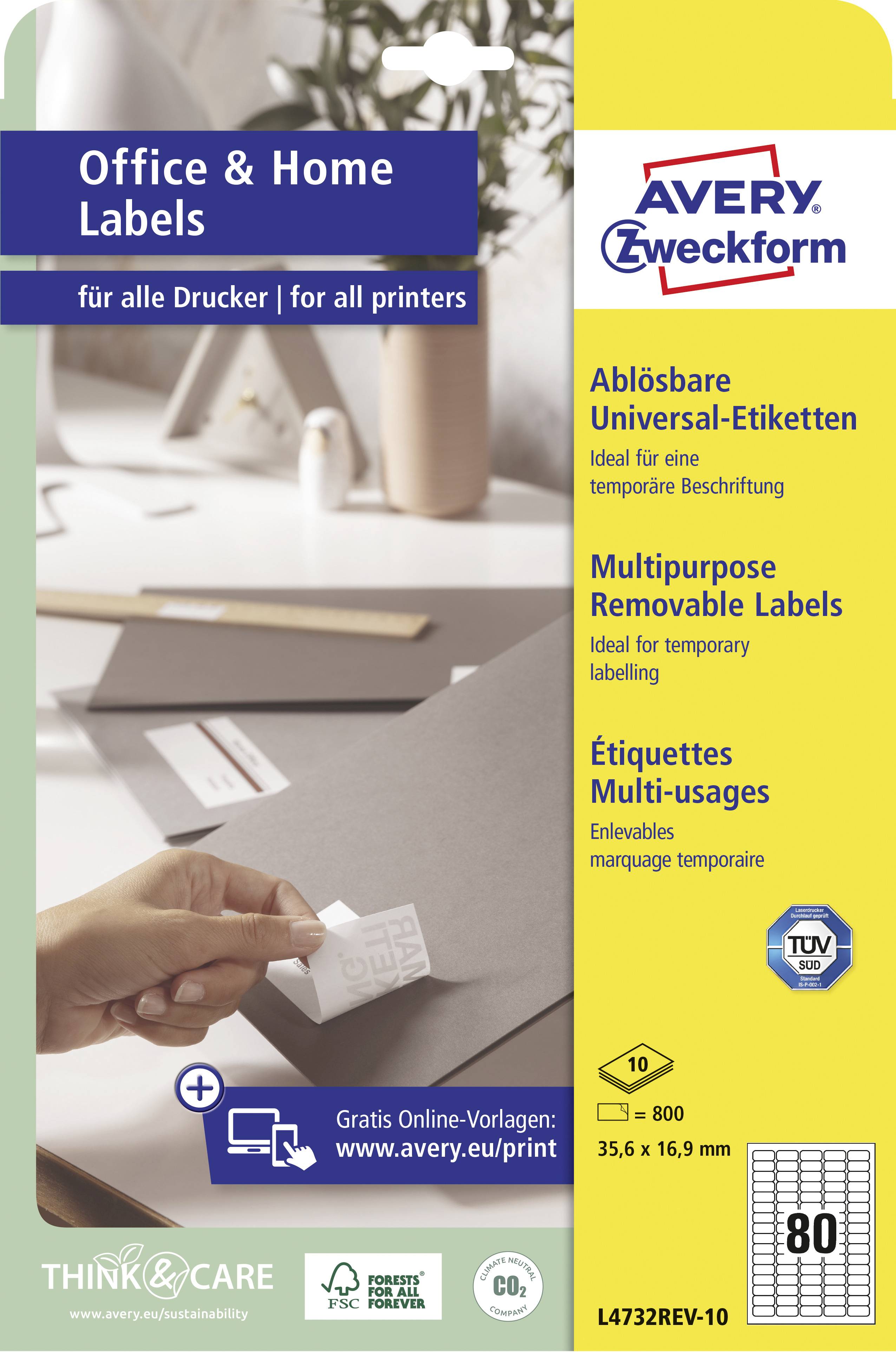 Balenie etikiet 'Office & Home Labels' od Avery Zweckform, vhodné pre všetky tlačiarne. Obsahuje odnímateľné univerzálne etikety.