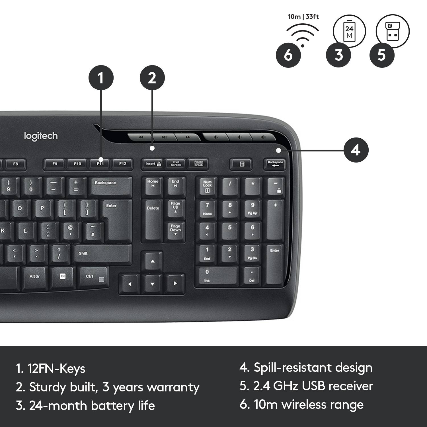 Čierna klávesnica Logitech s popiskami: 12 funkčných klávesov, chránená proti striekajúcej vode, 3-ročná záruka, výdrž batérie 24 mesiacov, bezdrôtový dosah 10 m.