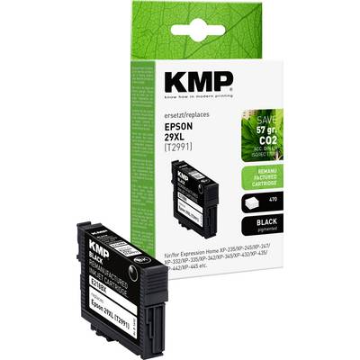 Atramentová kazeta v čiernej farbe KMP pre tlačiarne Epson 29XL. Zvýraznenie: 'Úspora 57 g CO2'. Kompatibilná s viacerými modelmi Epson XP.