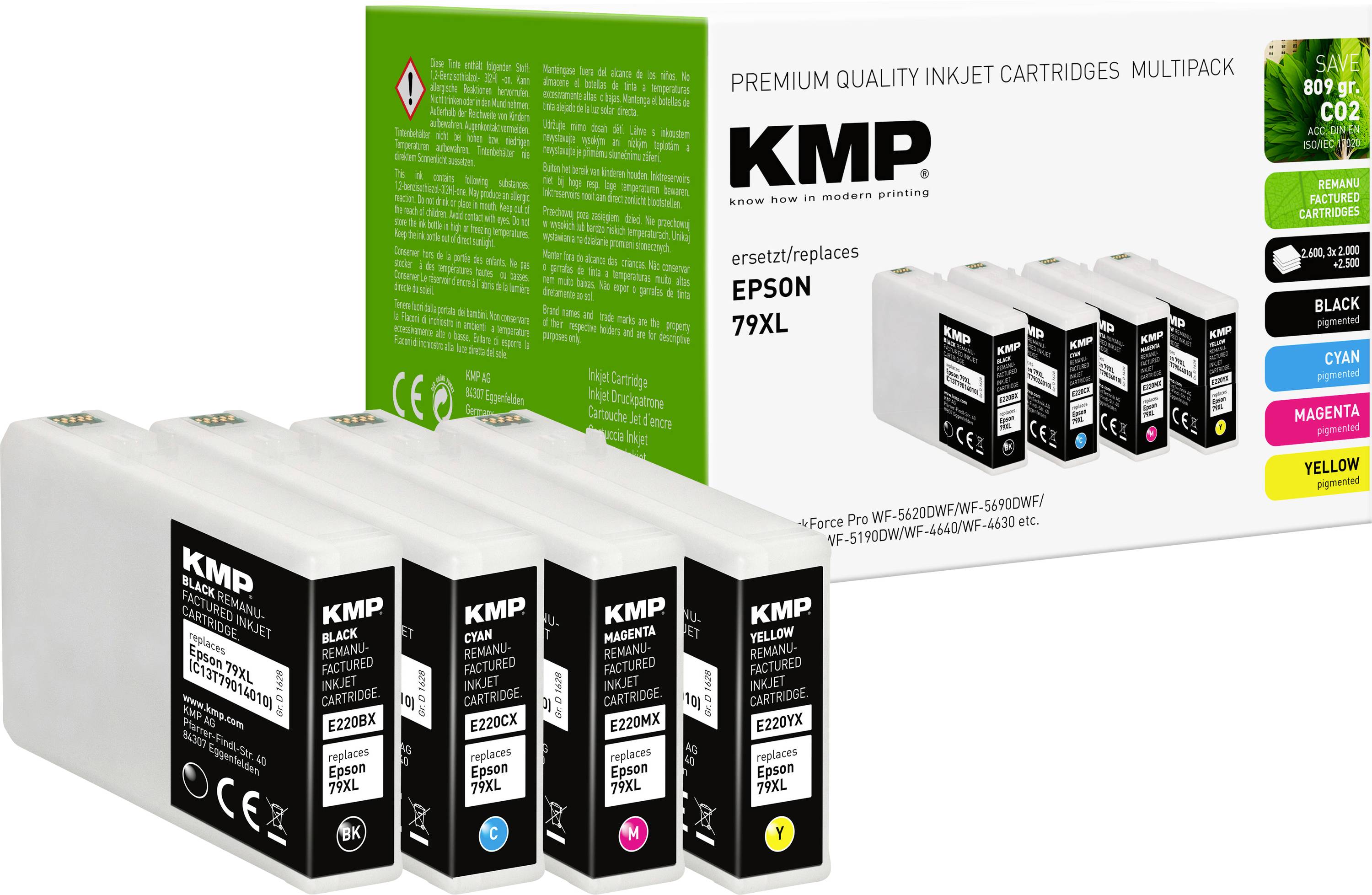 KMP atramentové kazety Multipack, kompatibilné s EPSON 79XL, obsahuje čierne, azúrové, purpurové a žlté kazety, v ekologickom obale.