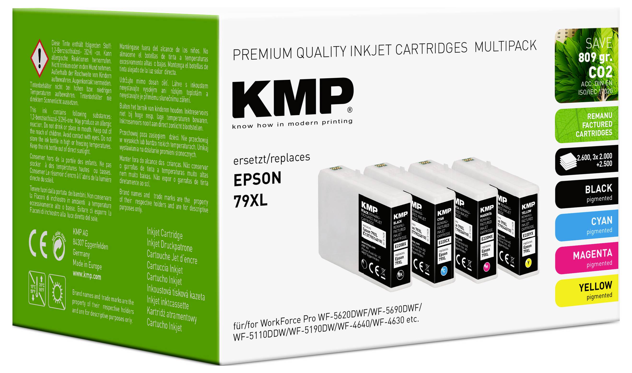 Multibalenie atramentových cartridgí KMP pre Epson 79XL. Obsahuje čiernu, azúrovú, purpurovú, žltú. Kompatibilné s tlačiarňami Epson Workforce.