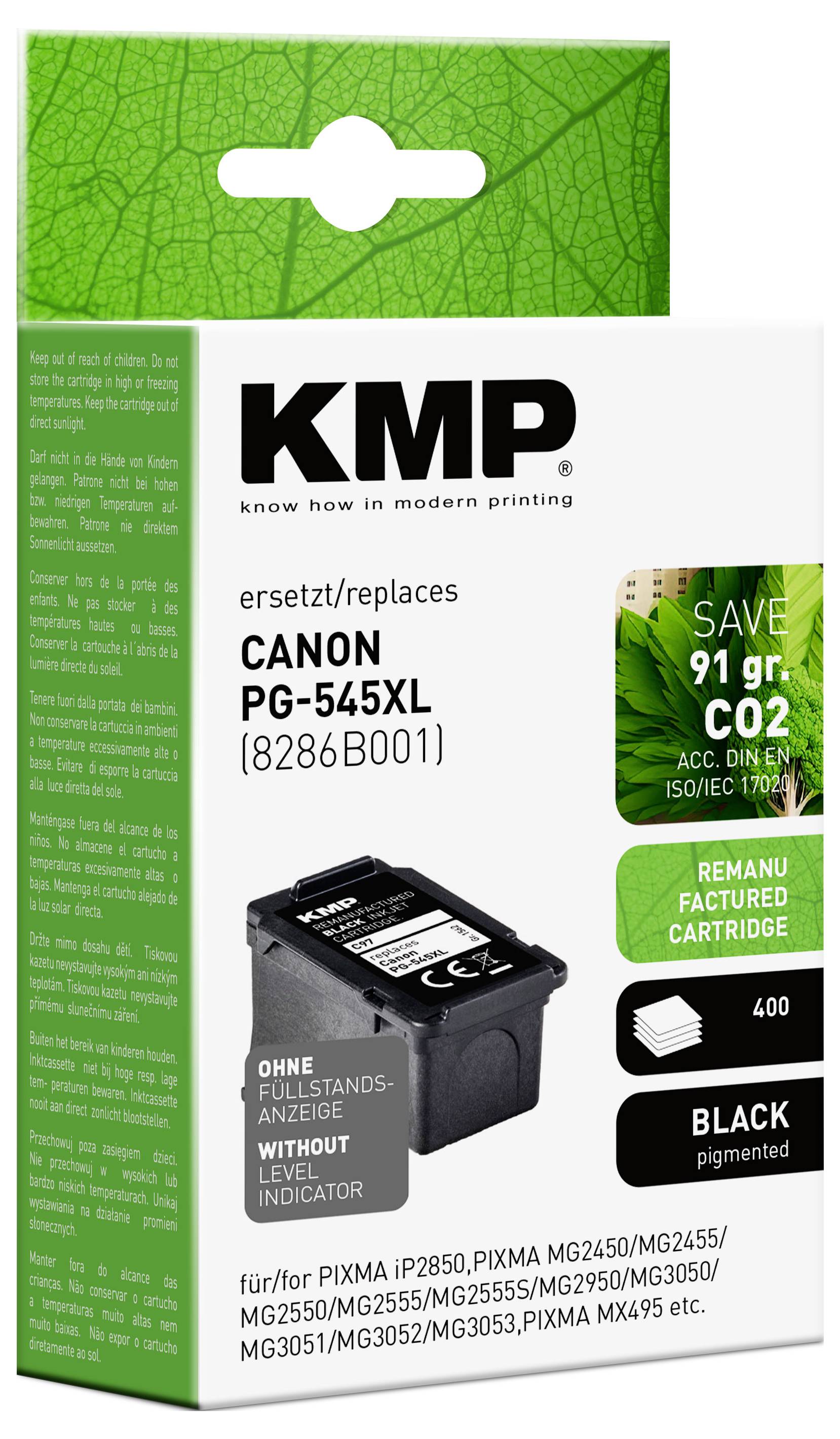 Obal atramentovej kazety Canon PG-545XL, ktorý ukazuje, že nahrádza originál. Obsahuje ikonu „Ušetríte 91g CO2". Kompatibilná s konkrétnymi modelmi tlačiarní.