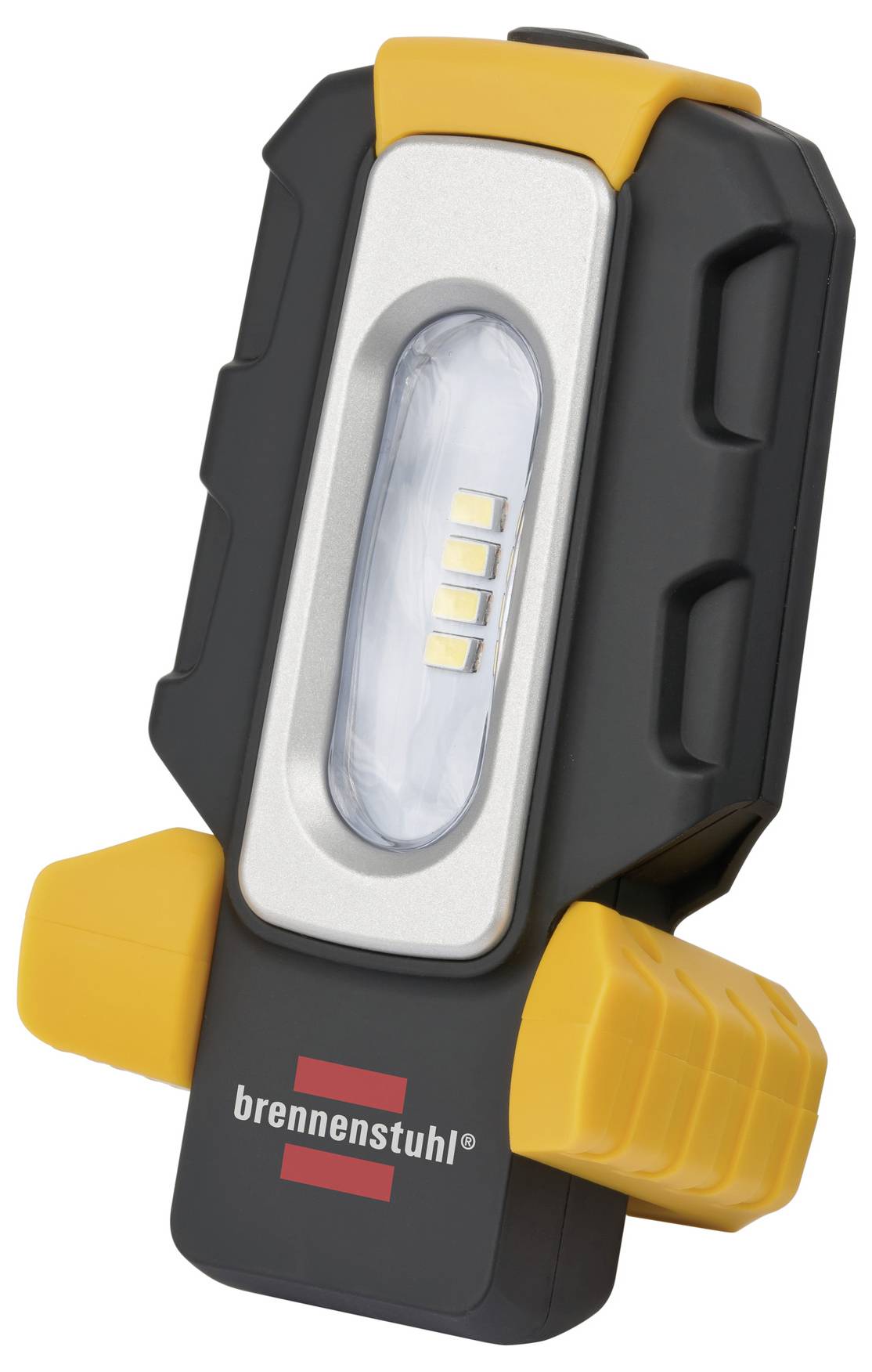 Čierna a žltá prenosná LED pracovná lampa so stredným svetelným panelom a logom "brennenstuhl" na prednej strane.
