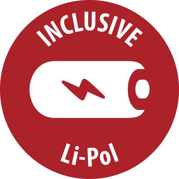 Červený kruhový štítok „INCLUSIVE Li-Pol" s bielou ikonou batérie a červeným bleskom, označujúci symbol lítium-polymérovej batérie