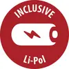 Červený kruhový štítok „INCLUSIVE Li-Pol" s bielou ikonou batérie a červeným bleskom, označujúci symbol lítium-polymérovej batérie