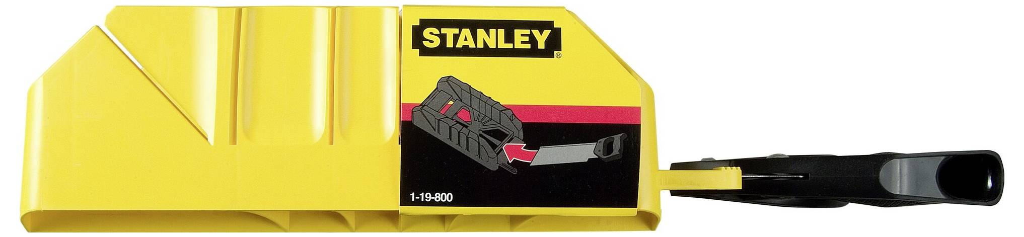 Žltý pokosový úhelník od Stanley s vodidlom píly. Ideálny na presné rezanie dreva. Obsahuje značky pre presné uhly.