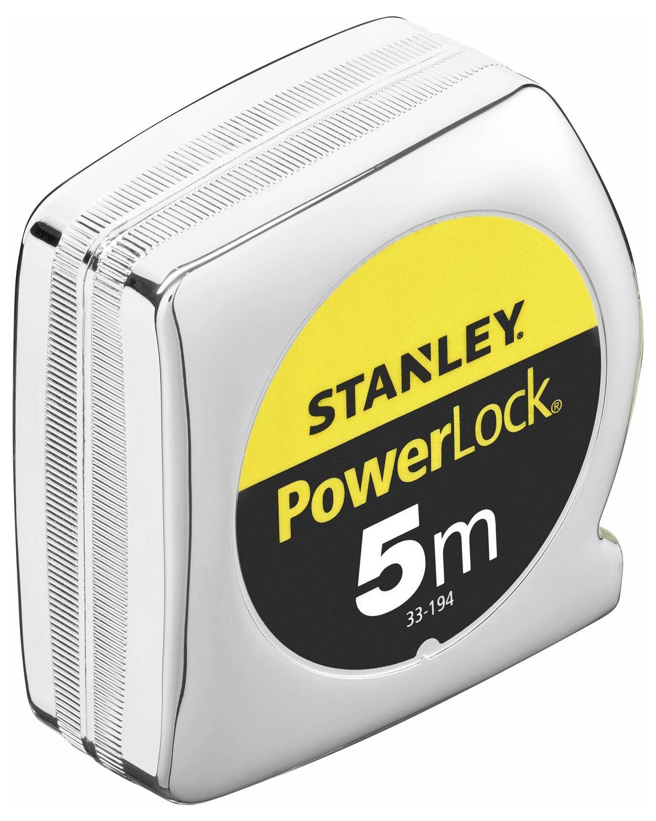 Strieborný meter so žltými a čiernymi akcentmi, na ktorom je napísané 'Stanley PowerLock 5m'.