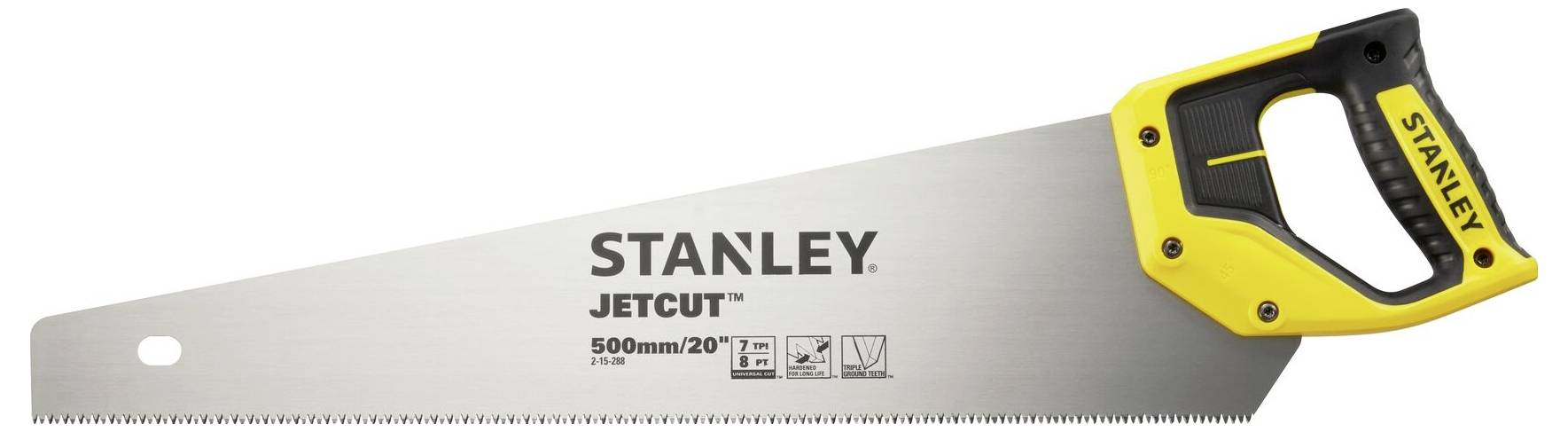 Ručná píla 'Stanley' JetCut, 500 mm, žltá rukoväť, strieborné pílové ostrie, vhodná pre jemné a rýchle rezy do dreva.