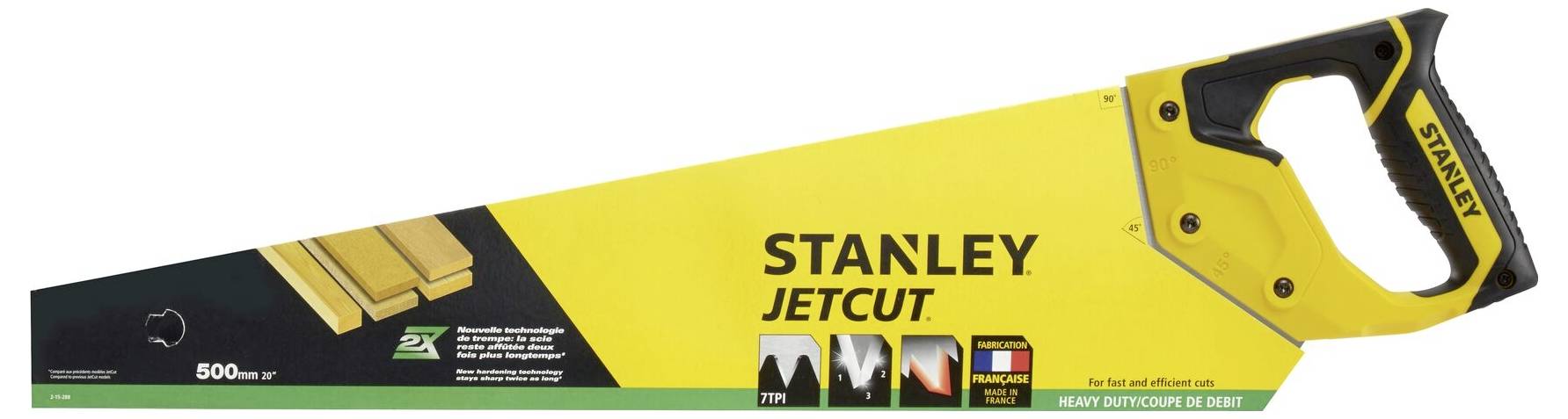 Ručná píla od Stanley so žltou rukoväťou a čiernym povrchom. Nápis 'STANLEY JETCUT' na čepeli. Dĺžka: 500 mm.